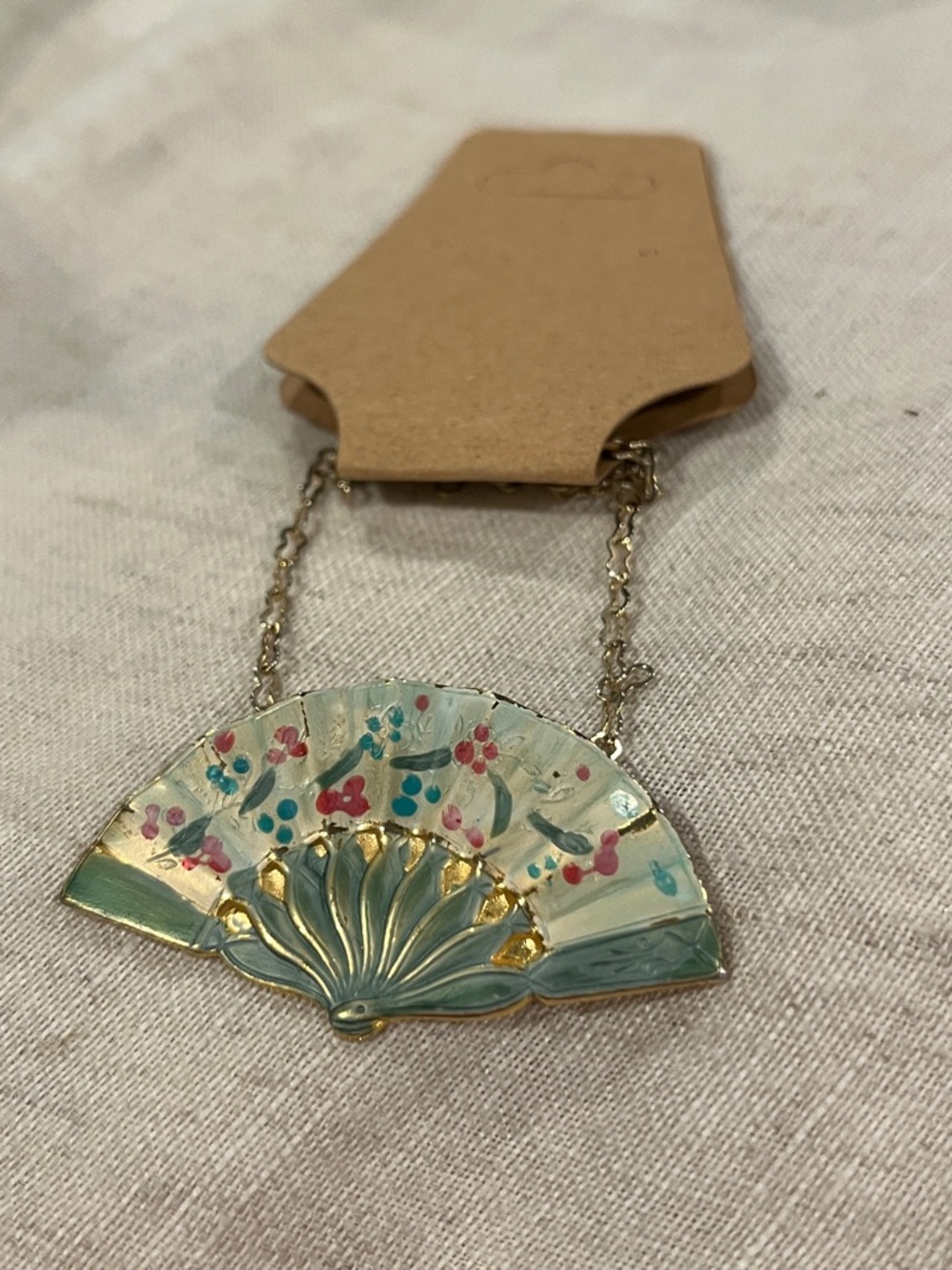 Vintage Gold-Tone Green Enamel Fan Pendant Necklace